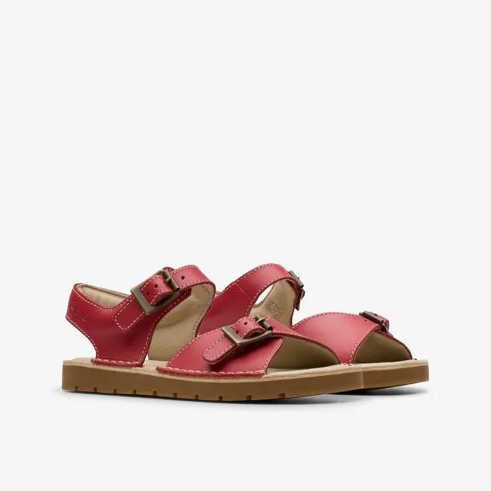 Clarks Playsun Kid Red Leather Flat Sandals Red Leather Kids Sandals