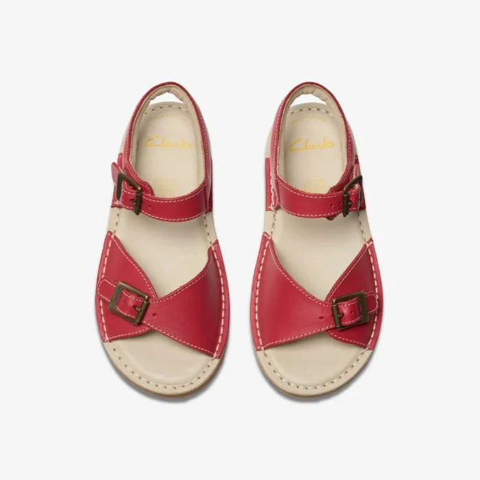 Clarks Playsun Kid Red Leather Flat Sandals Red Leather Kids Sandals