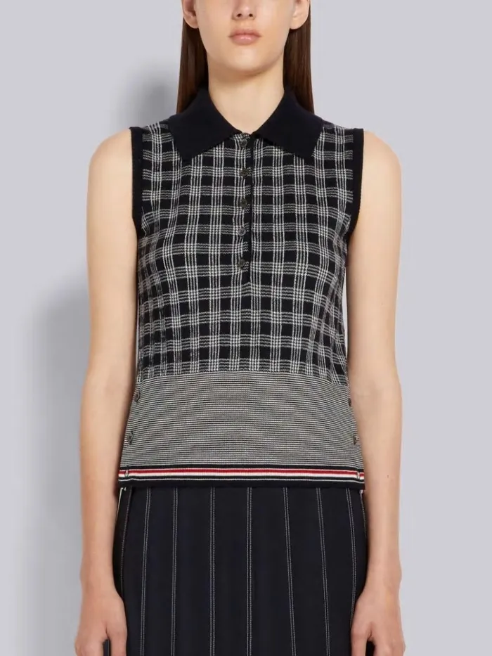 Fine Merino Wool Micro Check Jacquard Multicolor Hem Sleeveless Tee Navy Women Thom Browne Tshirts and Polos Fine Merino Wool Micro Check Jacquard Multicolor Hem Sleeveless Tee Navy Women Thom Browne Tshirts and Polos