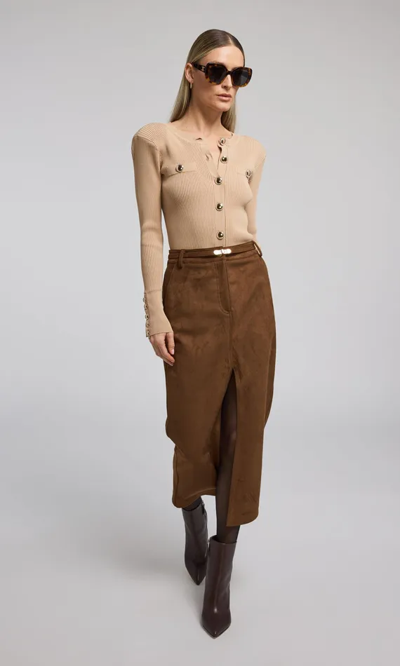 Generation Love Clothing Skirts Women Medina Belted Vegan Suede Skirt Caramel