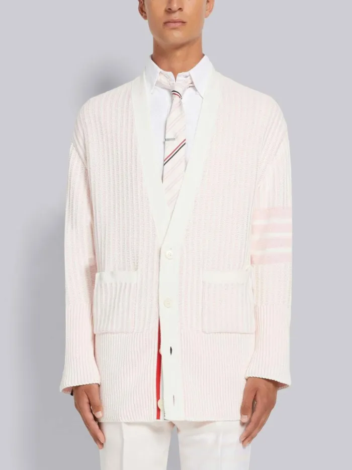 Light Pink Cotton Seersucker Jacquard 4bar Vneck Cardigan White Men Thom Browne Knitwear Light Pink Cotton Seersucker Jacquard 4bar Vneck Cardigan White Men Thom Browne Knitwear