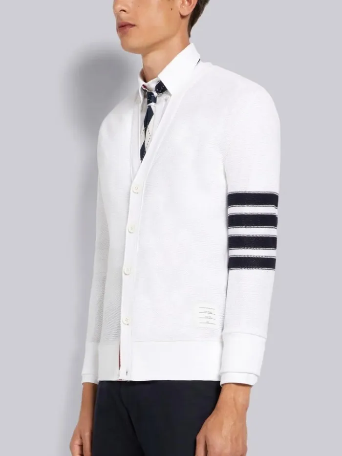 Open Raschel Stitch 4bar Vneck Cardigan White Men Thom Browne Knitwear
