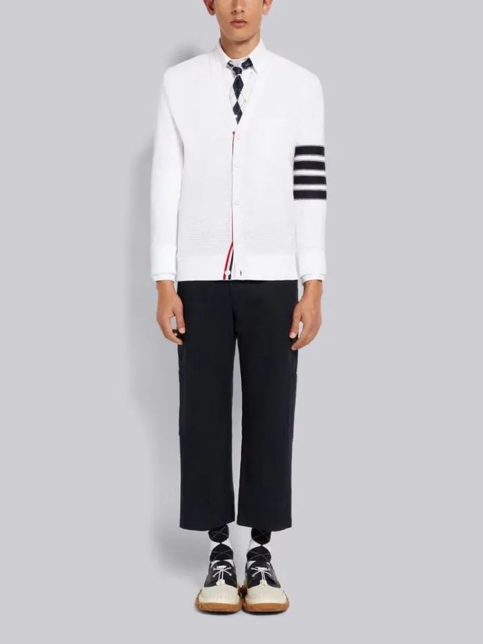 Open Raschel Stitch 4bar Vneck Cardigan White Men Thom Browne Knitwear