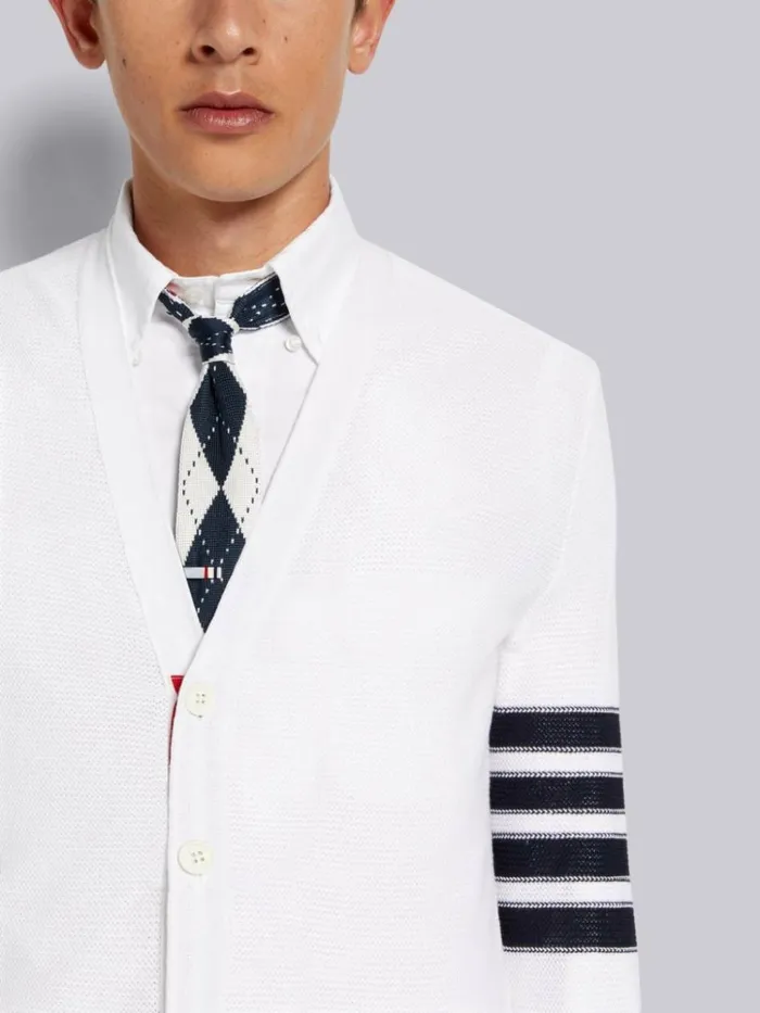 Open Raschel Stitch 4bar Vneck Cardigan White Men Thom Browne Knitwear