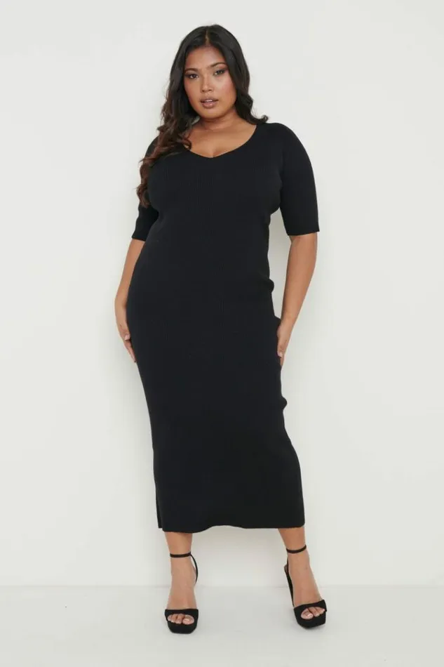 Pretty Lavish Curve Lara Ribbed Midi Dress Black 8211 Women