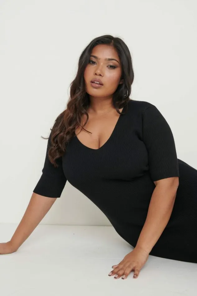 Pretty Lavish Curve Lara Ribbed Midi Dress Black 8211 Women