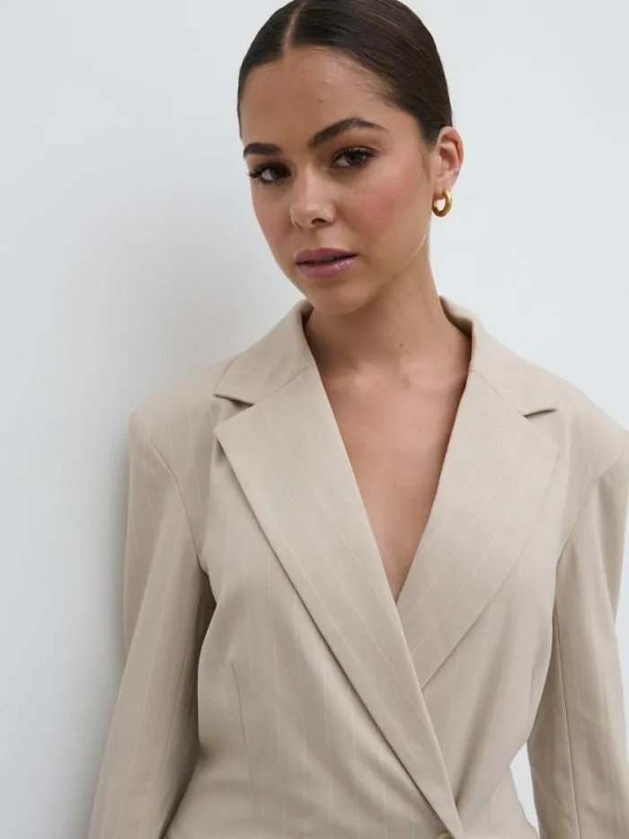 Pretty Lavish Outerwear Jaycie Cinched Waist Pinstripe Blazer Beige 8211 Women