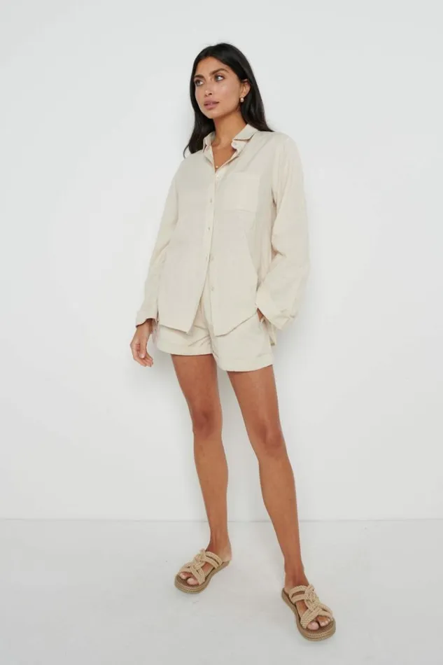 Pretty Lavish Tops Belle Boxy Linen Shirt Beige 8211 Women