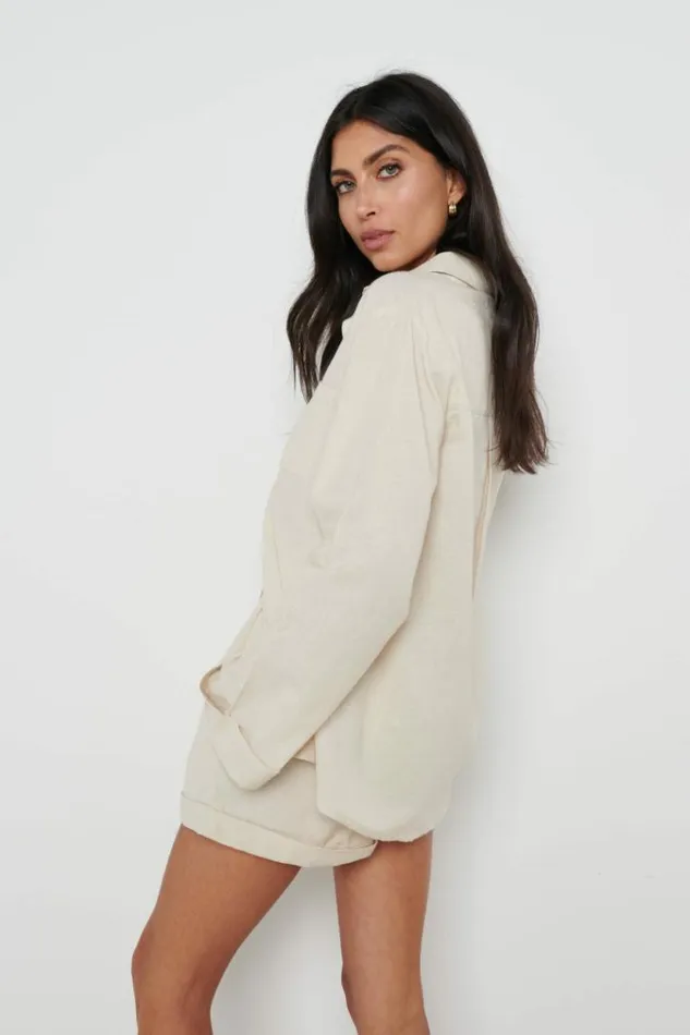 Pretty Lavish Tops Belle Boxy Linen Shirt Beige 8211 Women