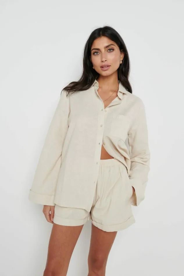Pretty Lavish Tops Belle Boxy Linen Shirt Beige 8211 Women