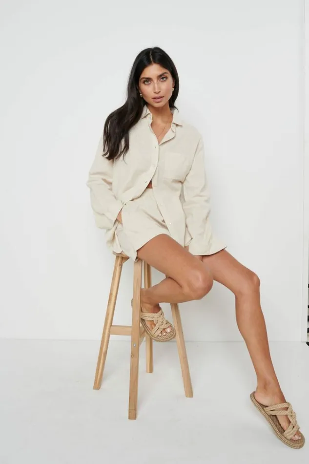 Pretty Lavish Tops Belle Boxy Linen Shirt Beige 8211 Women