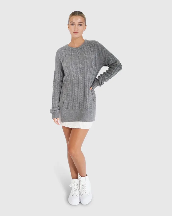 Women At Last Cable Knit Jumper with Slit 8211 Grey Marle Tops Belle and Bloom