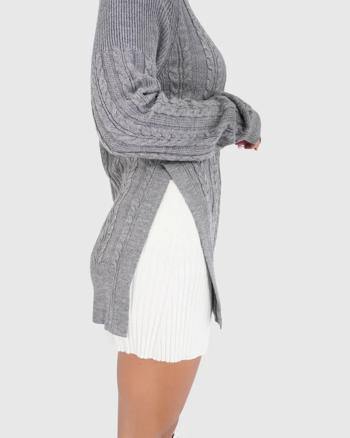 Women At Last Cable Knit Jumper with Slit 8211 Grey Marle Tops Belle and Bloom