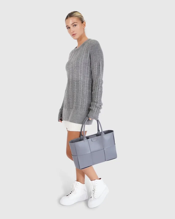 Women At Last Cable Knit Jumper with Slit 8211 Grey Marle Tops Belle and Bloom