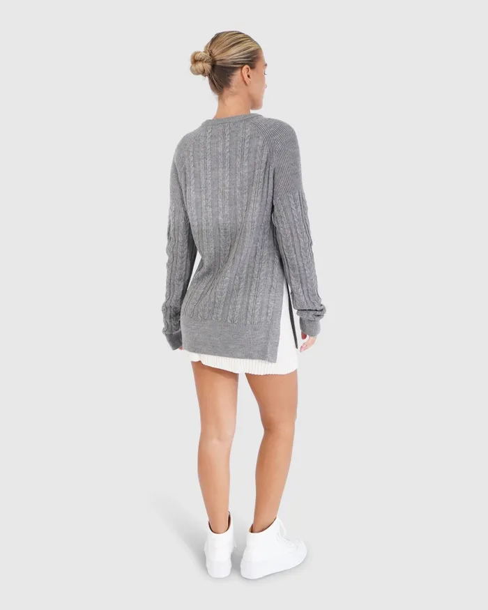 Women At Last Cable Knit Jumper with Slit 8211 Grey Marle Tops Belle and Bloom