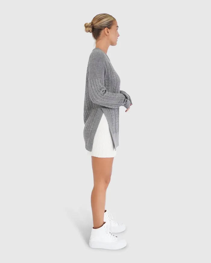 Women At Last Cable Knit Jumper with Slit 8211 Grey Marle Tops Belle and Bloom