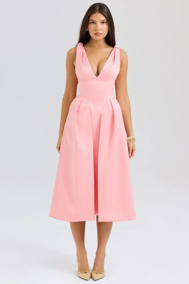 Women Paloma Peach Satin Pleated Midi Dress House Of CB Dresses