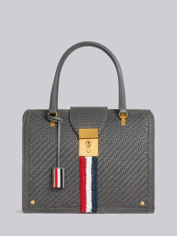 Woven Soft Calf Leather Braided Center Stripe Mrs Thom Bag Dark Grey Women Thom Browne Handbags and Totes Woven Soft Calf Leather Braided Center Stripe Mrs Thom Bag Dark Grey Women Thom Browne Handbags and Totes